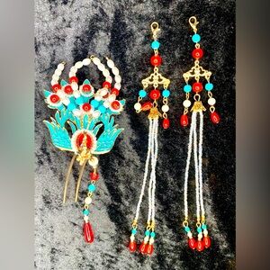 VTG Wedding Dragon Hairpins Chinese Headdress Beaded Earrings Hanfu Accessories